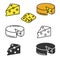 Cheese icons collection with different style; black and white, lineal color, lineal