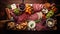 Cheese and meat platter with nuts and dried fruits