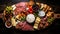 Cheese and meat platter with nuts and dried fruits