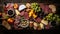 Cheese and meat platter with nuts and dried fruits