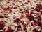 Cheese, meat, sausages are cropped and sliced for baking cooking. Restaurant pizzeria kitchen closeup