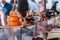 Cheese and more products on the counter for a traditional european fair