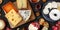 Cheese panorama on black Blue cheese, goat cheese, Brie, Emmental and others