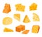 Cheese pieces. Dairy products. Cartoon bites of maasdam with hollows and holes. Gouda slices. Cow milk food set