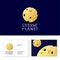 Cheese planet logo. Emblem for cheese shop. Circle cheese with holes like space object.