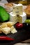 cheese plate, appetizers and wine, horizontal. Copyspace for text