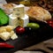 cheese plate, appetizers and wine, horizontal. Copyspace for text