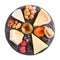 Cheese plate. French cheese with nuts, grape, berries, dried fruits and honey on slate board isolated on white. Camembert,