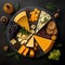 Cheese platter with different types of cheese on dark background. Top view