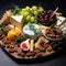 a cheese platter with fruit and nuts