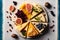 Cheese platter with fruits and nuts. Top view. Flat lay