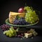 Cheese platter with grapes, apples and cheese on black background