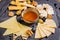 Cheese Platter, snacks and honey, horizontal