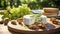 Cheese platter with walnuts and crackers on wooden plate for wine tasting bright image with bokeh