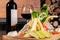 Cheese platter and wine stock photo