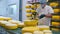 Cheese production. The worker covers the cheese with wax. Cheese factory