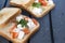 Cheese sandwiches, tomato, greens, bread, dark wood background, food