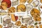 Cheese seamless pattern background design. Engraved style. Hand drawn brie, gouda cheese, roquefort, etc.