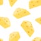 Cheese seamless pattern. Yellow pieces of cheese on white background. Vector food illustration