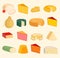 Cheese slices peace variety icons cartoon set isolated illustration. Dairy cheese varieties food and milk camembert