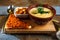 Cheese soup mashed in a clay plate is on a tray. Next to him is a piece of bread, a spoon and toast in a plate