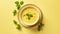 Cheese Soup With Spoon In Bowl On Yellow Background