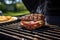 cheese-stuffed burger patty being flipped on a backyard grill