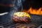 cheese-stuffed burger patty being flipped on a backyard grill