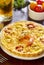 Cheese tart with shrimps and tomatoes