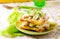 Cheese waffle with chicken and green salad