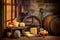 cheese wheel with age label and rustic cellar background