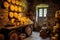 cheese wheels stacked in cellar with temperature gauge