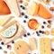 Cheese and wine tasting and pairing flat lay on a white background