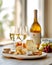 Cheeseboard with assorted cheese near two wineglasses and bottle on table near window. Created with generative Ai