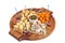 Cheeseboard on serving round wooden plate on white back