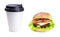 Cheeseburger and cup of coffee isolated on a white background. Hamburger with cheese. Burger isolated. Tasty dinner