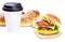 Cheeseburger on a cutting board and cup of coffee isolated on a white background. Hamburger with cheese. Burger isolated. Tasty