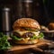 A cheeseburger on a cutting board with lettuce and cheese. AI generative image.