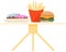 Cheeseburger, french fries and donuts on small table cartoon fast food unhealthy products for lunch