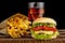 Cheeseburger with french fries with glass of cola on wooden mat on black