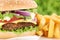 Cheeseburger hamburger with fries closeup close up tomatoes cheese