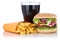 Cheeseburger hamburger and fries menu meal combo cola drink isolated