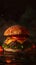 A cheeseburger illuminated by a mystical backdrop, showcasing the juicy patty and melted cheese amidst a play of light