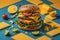Cheeseburger with ingredients on blue background. generative ai