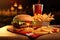 Cheeseburger, ketchup and French fries on wooden table. Hamburger and potato chips