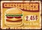 Cheeseburger rusty plate, fast food menu