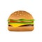Cheeseburger with a slice of cheese, pickles, tomato, beef patty, lettuce and toasted sesame bun. Classic burger icon. Cartoon