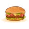 Cheeseburger with slices of beef patty, cheese, ketchup, tomato, cucumber or pickles, lettuce.