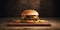 Cheeseburger on wooden plate. Vintage look hamburger for restaurant.