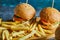 Cheeseburgers with fry potato on the wooden board